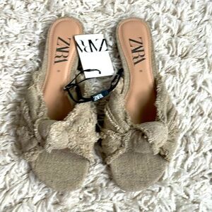 ZARA Natural Beige Knotted Linen Slide Mules